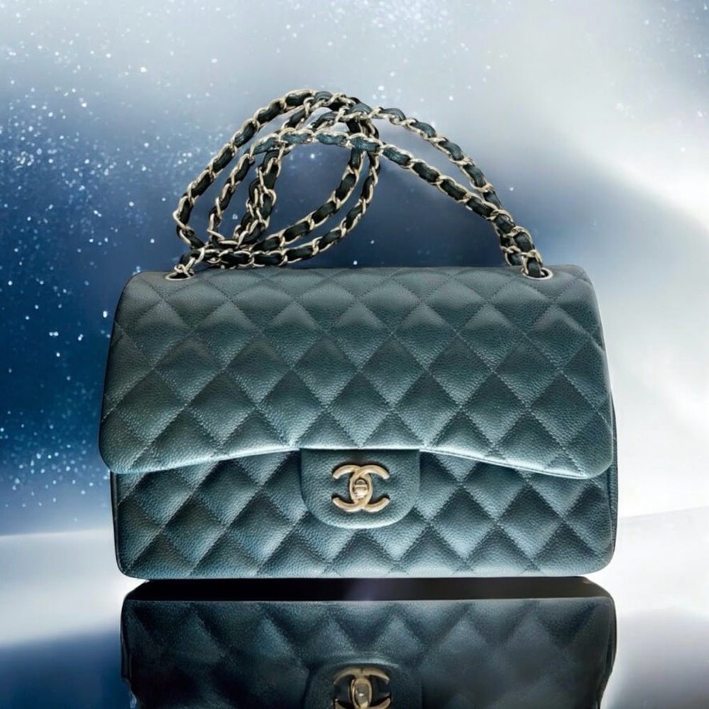 💕CHANEL Large Classic Double Flap CAVIAR Leather • DENIM BLUE • Silver-Tone HW